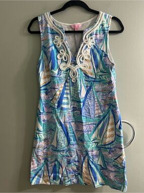 Lilly Pulitzer Harper Shift Dress nautical "Aboat Time" blue sailboat pattern